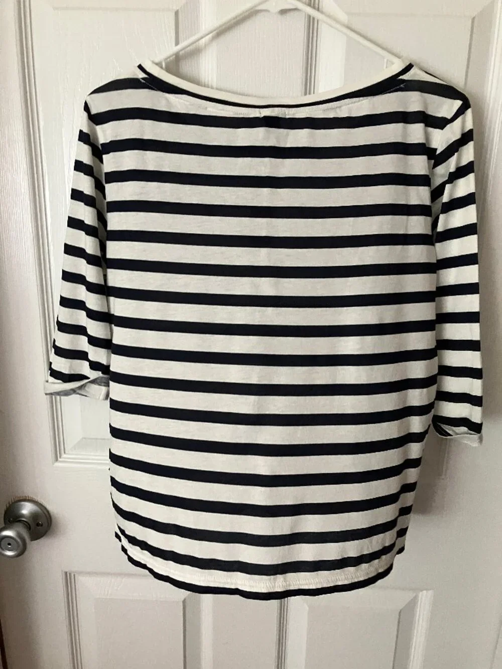 J.CREW Navy Blue/White striped T-shirt red anchor patch Cotton Boatneck Sz S